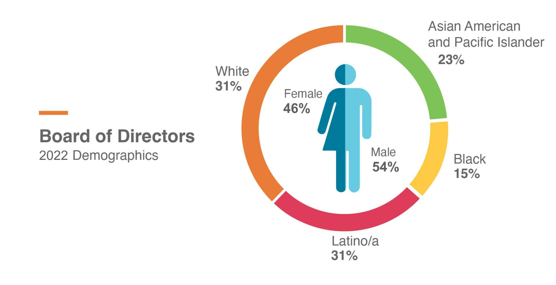 A graphic that shows our 2022 board demographics. 23% Asian American and Pacific Islander 15% Black 31% Latino/a 31% White 46% Female 54% Male