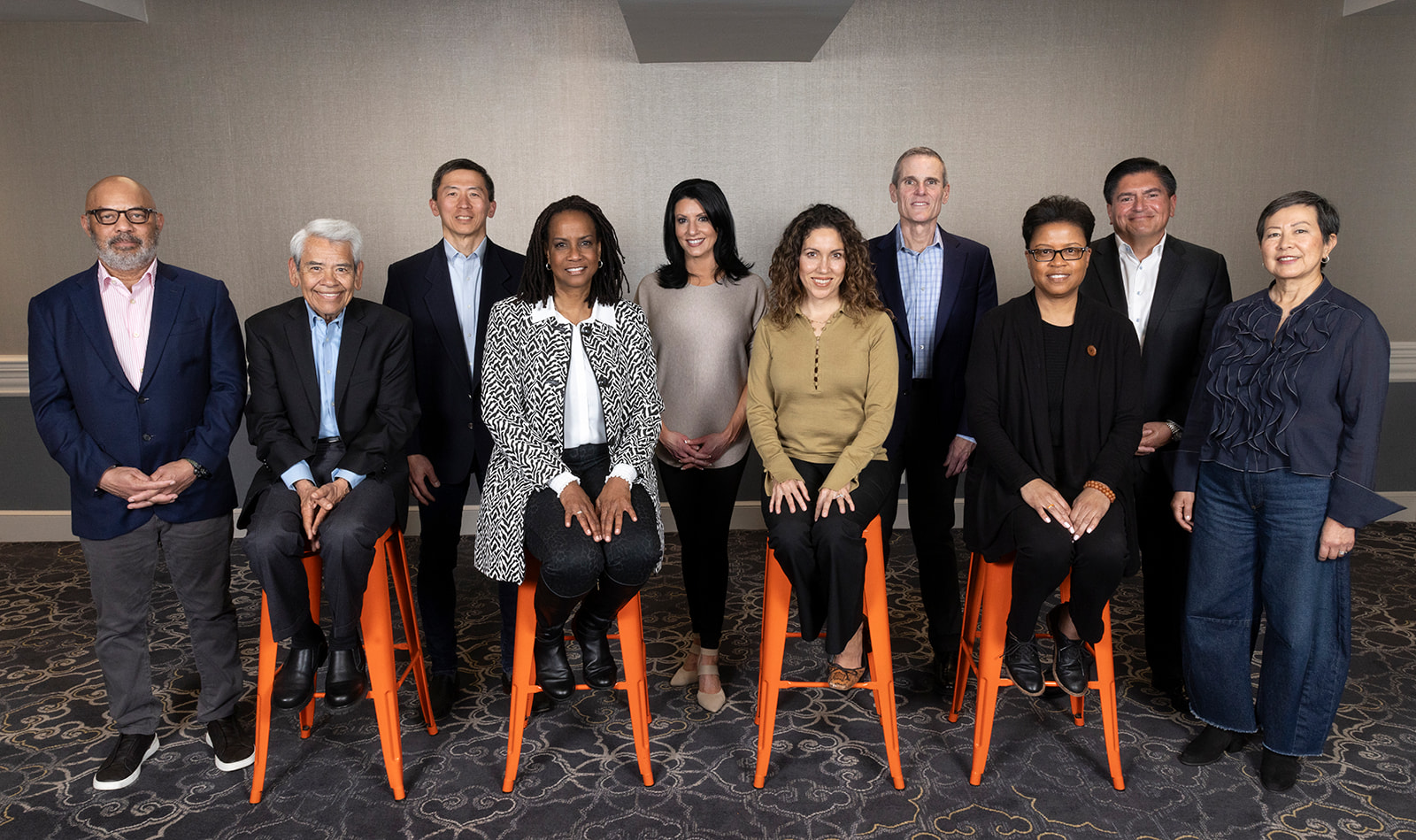 A group photo of The James Irvine Board of Directors: Marc McMorris, Eliseo Medina, Goodwin Liu, Sheri Dunn Berry, Brenna Butler Garcia, Maria Anguiano, Don Howard, Paulette Brown-Hinds, Tim Rios, and Teresa Matsui.